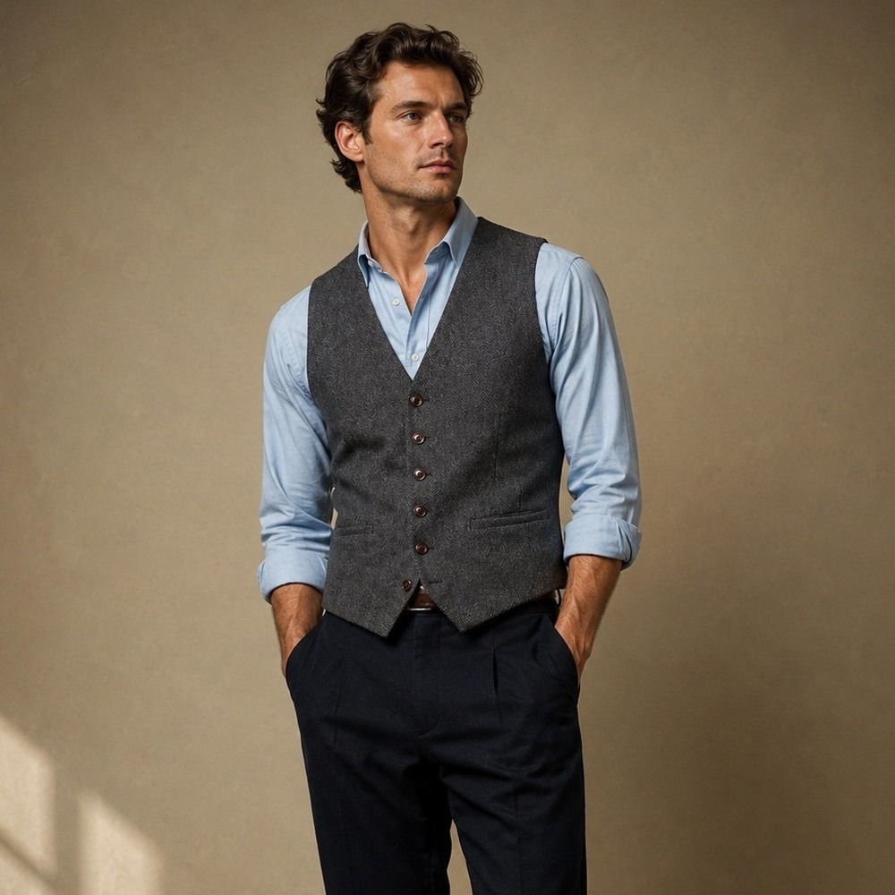VOBOOM Vest Mens L Grey Wool Blend Herringbone Waistcoat Wedding Office Preppy
